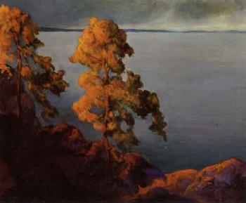 Trees in evening sun on edge of lake by 
																	Konstantin Dydyschko