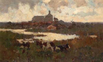 Cows near the waterside, farmhouses and windmills in distance by 
																	Johannes Elzinga
