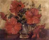 Red flowers in a tankard by 
																	Daphne Unite