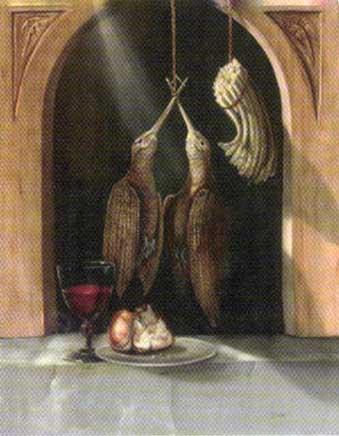 Brace of woodcock, asparagus, wine glass, and bread in an alcove by 
																	Paul Karslake