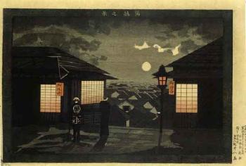 View of Yushima, moonlit night scene with figures by 
																	Ogura Ryuson