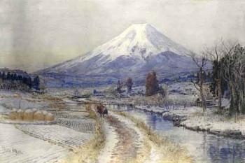 Villagers leading a pack horse along a path at the foot of Mt Fuji by 
																	Bunsai Ioki