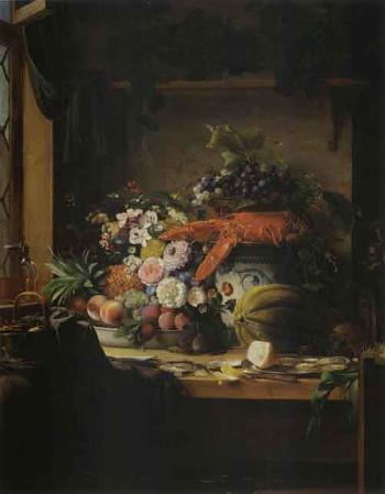 Still life of flowers, fruit and lobster on table by 
																	Carl Vilhelm Balsgaard