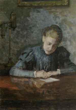 Woman wearing blue dress writing a letter by 
																	Julius Jersild