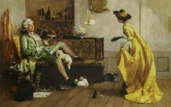 Interior scene with noble gentleman and lady surrounded by cats by 
																	Percy Macquoid
