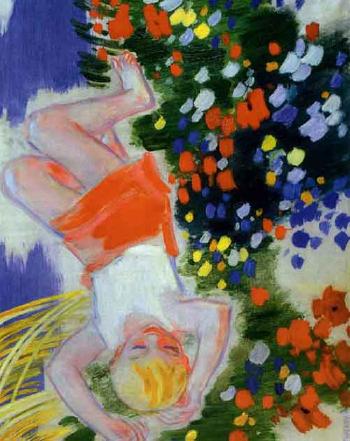 Boy resting in bed of flowers by 
																	Janos Vaszary
