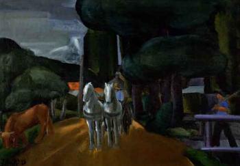 Nagybanya scene with figure on horse and cart by 
																	David Jandi