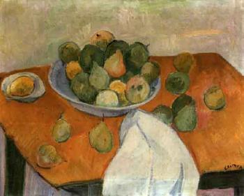 Still life with pears in a bowl and on a table by 
																	Gyula Czimra