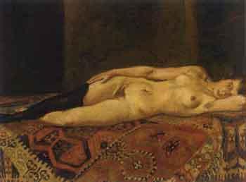 Reclining woman wearing one black stocking by 
																	Wilhelm Obletter