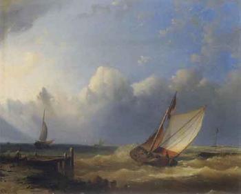 Sailing boats in stiff breeze off coast by 
																	Hermann Eschke