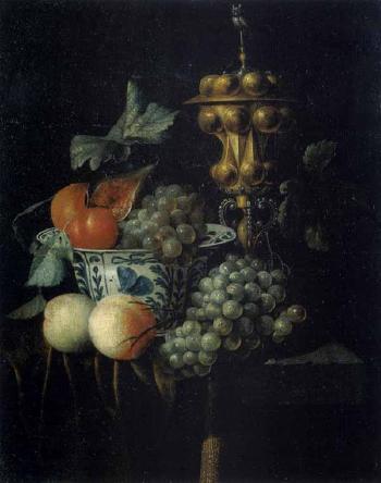 Still life of fruit with Wan-Li dish and golden goblet by 
																	Johannes Hannot