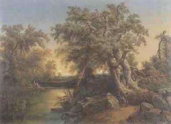 Pastoral landscape with trees and figures by 
																	Jean Marc Benjamin Tepping