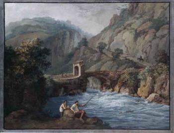 View of Schifone near Narni. Landscape with bridge and travellers by 
																			Carl Ludwig Hackert