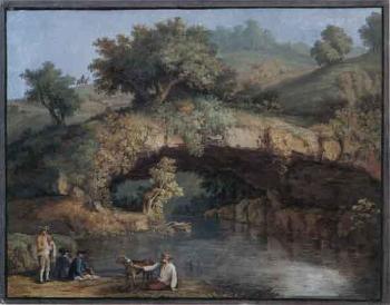 View of Schifone near Narni. Landscape with bridge and travellers by 
																			Carl Ludwig Hackert