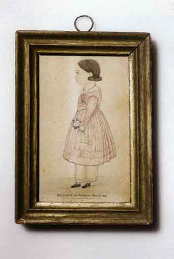 Portrait of a young girl in a pink dress, pantaloons and checked shoes by 
																	Justus Dalee
