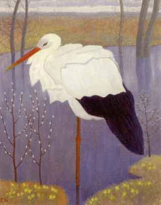 Stork in spring landscape by 
																	Ernst Norlind
