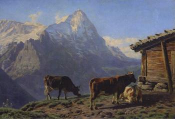 Paysage aux Montagnes avec vaches by 
																	Albert Lugardon