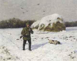 Hunter in winter landscape by 
																	Karl Mummert