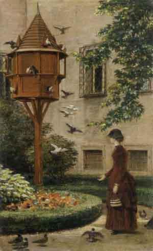 Elegant woman feeding doves by 
																	Wenzel Ottakar Noltsch