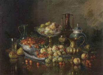 Still life with fruit, glass, pewter and porcelain by 
																	A Redtwitz