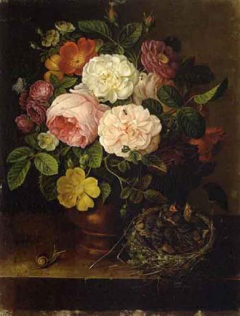 Bouquet de fleurs et nid d'oiseaux sur un entablement by 
																	Gottfried Wilhelm Voelcker