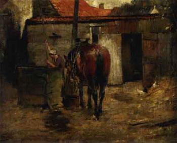 Servante au travail sur la cour avec cheval selle et poules by 
																	Eugene Yoors
