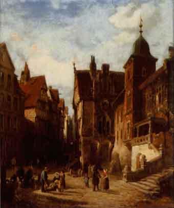 Continental town scene with figure by 
																	Andreas Friedrich Wilhelm von Hanno
