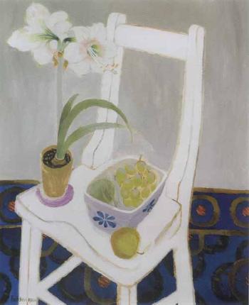 Still life with amaryllis and fruit on a chair by 
																	Mary Fedden