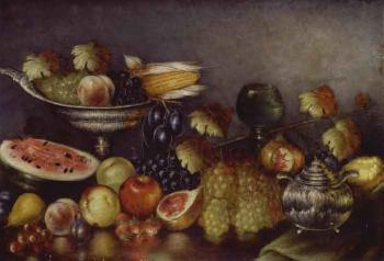Still life with fruit and silverware by 
																	Nicolaos Vokos