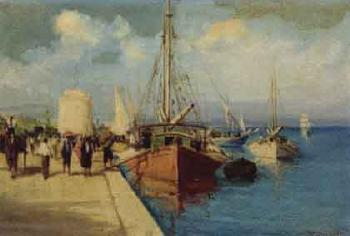 Promenade by the white tower, Thessalonika. Fishermen on the beach by 
																			Andreas Krystallis