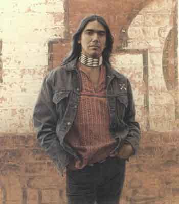 Sioux Indian wearing ribbon shiry by 
																	James E Bama