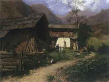 Mountain farmstead with figures by 
																	Constantin Damianos