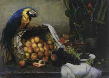Still life with parrot, fruit and flower stalks by 
																	Karl Truppe