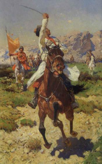 Tscherkessen on horseback by 
																	Franz Rouboud