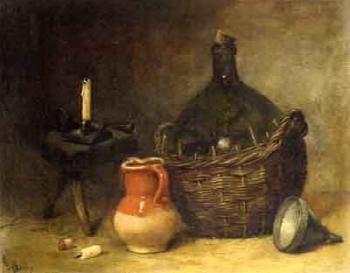 Kitchen still life with wine flagon and jug, stool and candlestick by 
																	Antoine Ferdinand Attendu