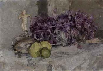 Still life with silver box, statuette and flowers by 
																	L Gallhof-Bohm