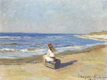 Small girl seated on box on the beach, Gammel Strand by 
																	Christian Aigens