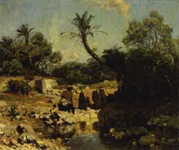 Southern landscape with palms and women resting by 
																	Hermann Nestel