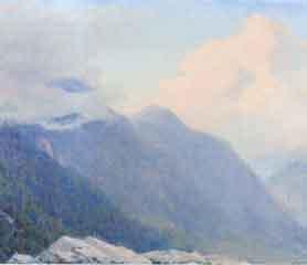 Mountain view with morning clouds by 
																	Arnold Warburton Lahee