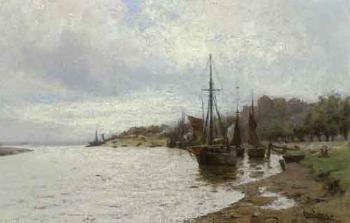 River mouth with boats in little harbour by 
																	Charles Eyles