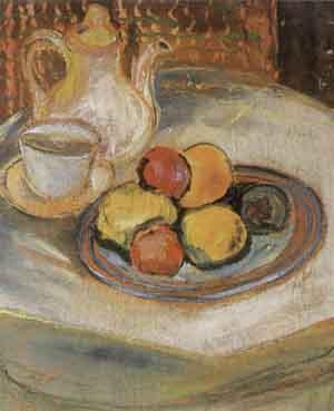 Still life with fruit plate and coffee jug by 
																	Friedrich G Einhoff