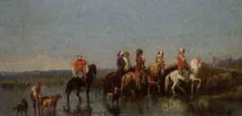 Arab horsemen crossing marshland by 
																	Henri Lucien-Robert