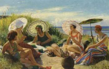 Bathing girls at the dunes west for Hornbaek by 
																	August Haerning