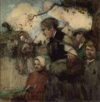 Mother and her children on a village street, possibly in Brittany by 
																	William Lee Hankey