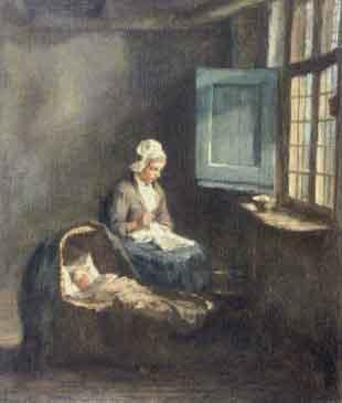 Interior with woman and baby in crib by 
																	Arend Hyner