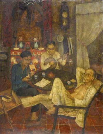Interior with three Chinese men by 
																	Ernst C L Agerbeek