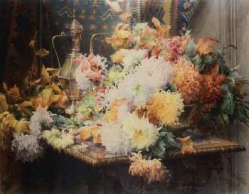 Bouquet de chrysanthemes au kilim by 
																	Eugenie-Juliette Faux-Froidure