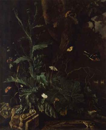 Forest floor with a thistle, ruin of an ionic column, butterflies, toaL16d and a songbird by 
																			Abraham Begeyn