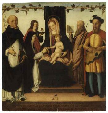 Mystical marriage of St. Catherine, with St. Dominic, St. John the Evangelist by 
																			Domenico Panetti
