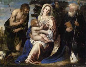 Sacra conversazione, Madonna and child with Saint John the Baptist andL13 bishop saint by 
																			 Venetian School